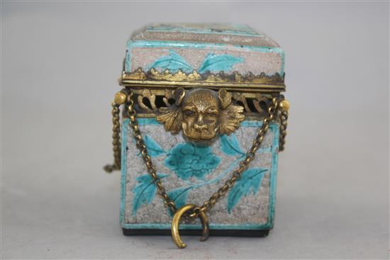 A Chinese glazed biscuit porcelain and gilt metal mounted incense burner and cover, 19th century, 10.5cm, base drilled